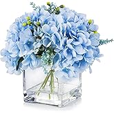 ENOVA FLORAL Blue Hydrangea Artificial Flowers with Vase Home Decor Indoor, Silk Hydrangea Artificial Flowers in Vase with Faux Water for Dining Table Decorations, Wedding (Blue)