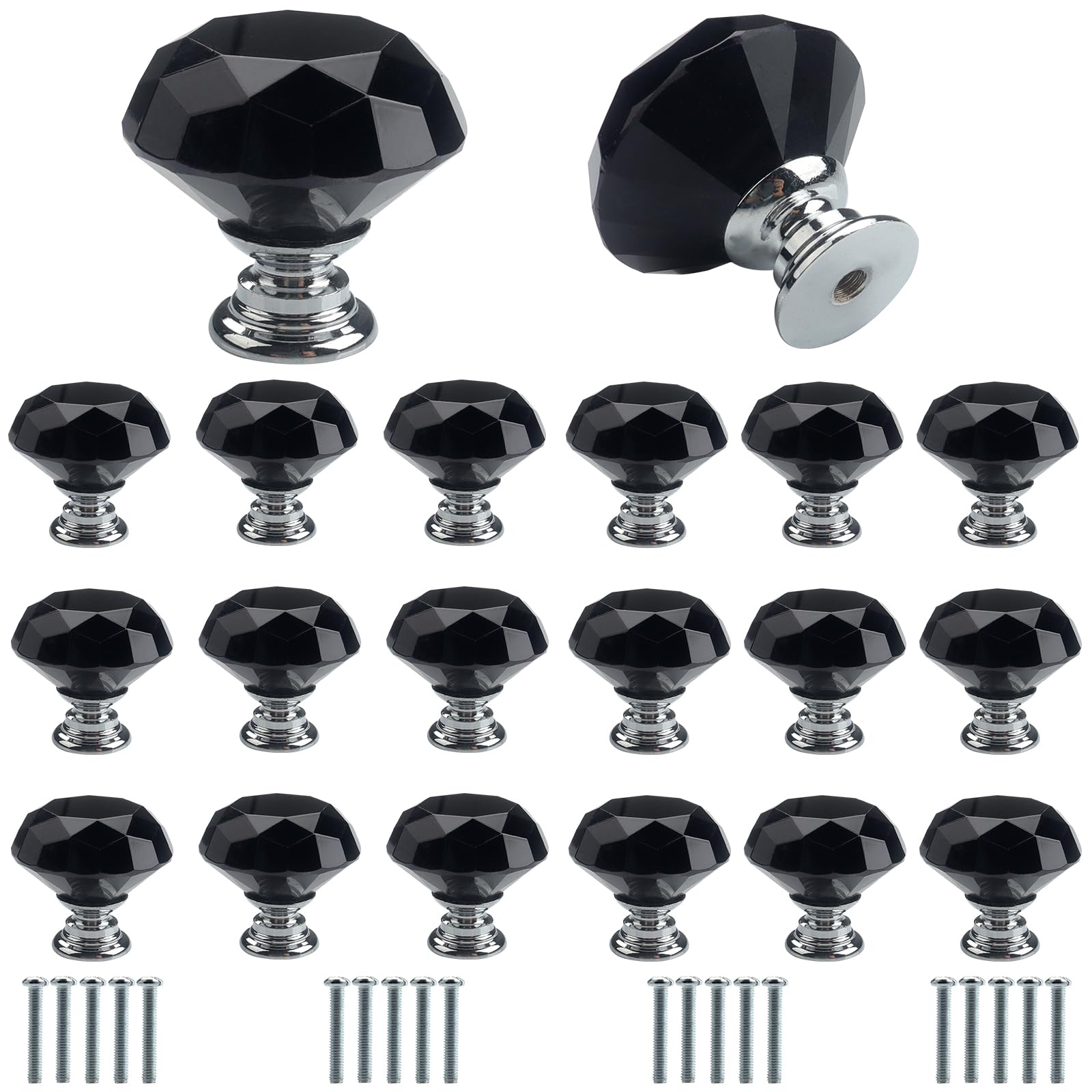 Roellgs 20 Piece 30mm Black Crystal Glass Diamond Door Handle with Screws, High-end Light Luxury Handle Wardrobe Drawer Handle Single Hole Handle Home Decoration