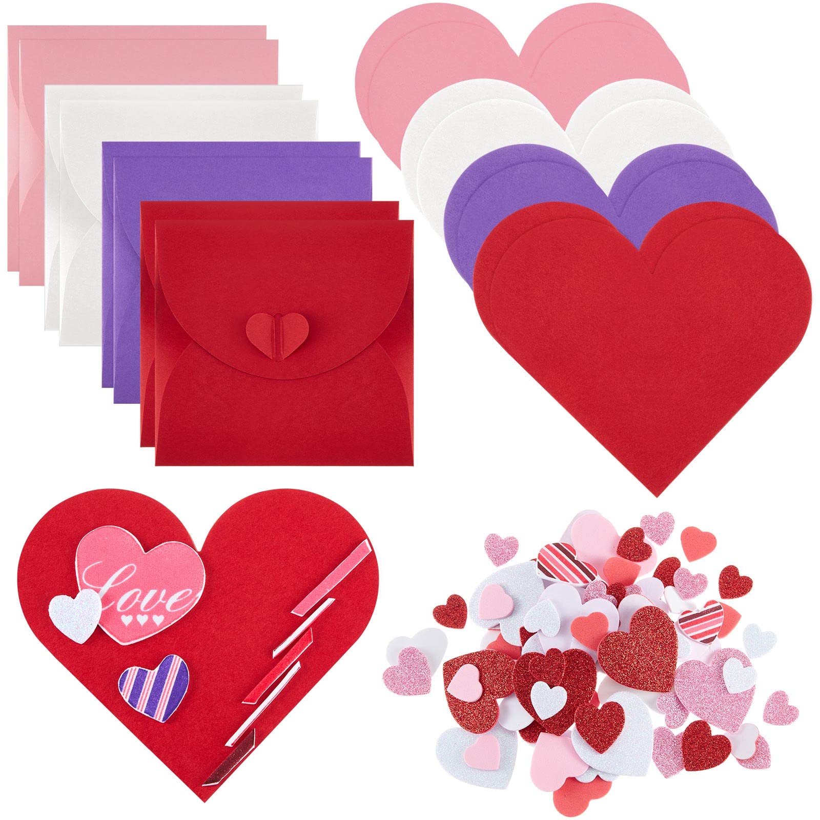 Valentine's Day Card Making Kits for Children, Include 8 Folded Heart Greeting Cards Heart Shaped Cards and 8 Envelope 110 Glitter Foam Stickers Heart Stickers, Card Making Kit for Family Friend Love