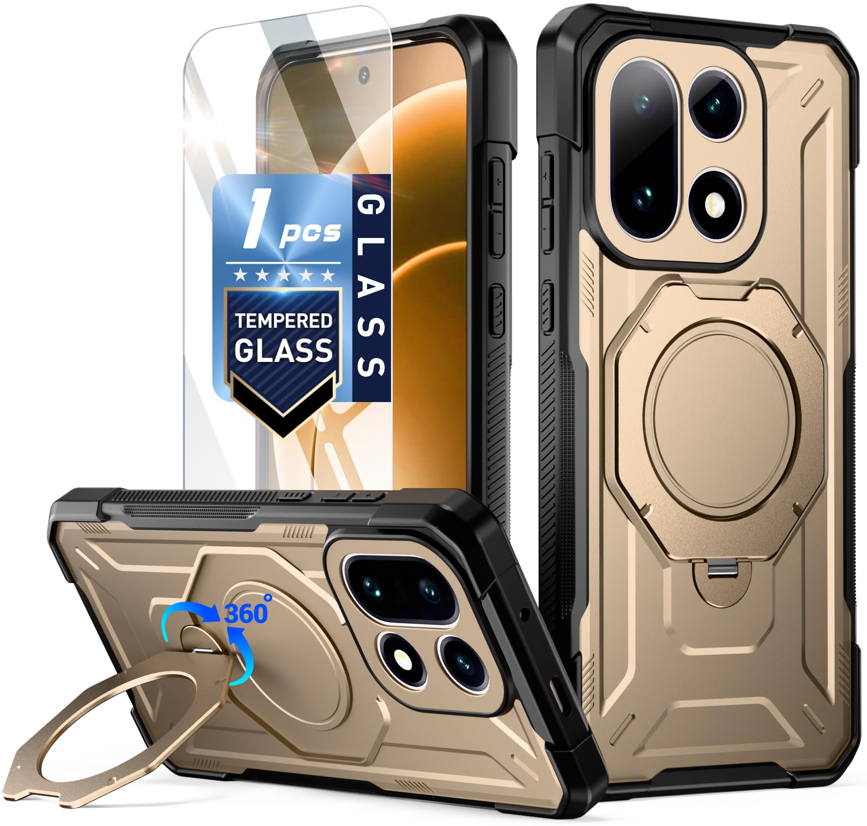 Poetic for OnePlus 15 Case, | Compatible with MagSafe | 360° Rotate Magnetic Ring Kickstand | Military Grade Drop Proof Protection Cover | Tempered Glass Screen Protector | Metallic Gold