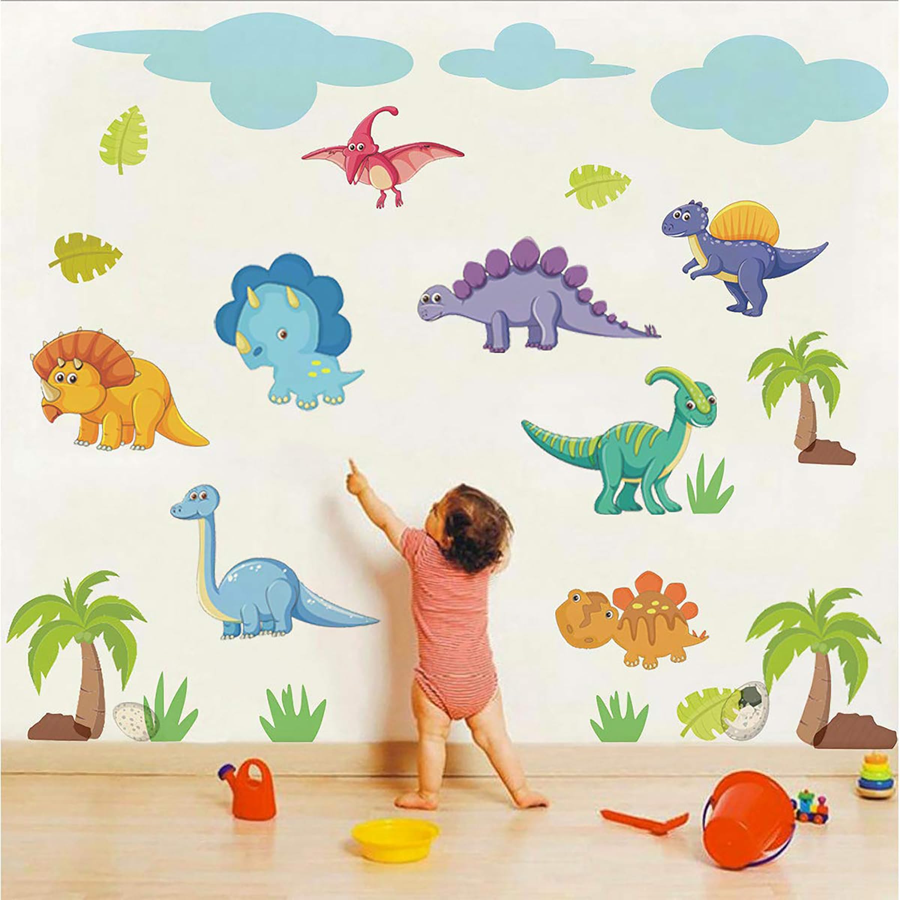 Dinosaur Wall Stickers, Large Peel & Stick Dino Wall Decal Tropical Forest Dinosaur Clings for Baby Boy Girl Kids Nursery Bedroom Living Room Playroom Classroom Home Decor