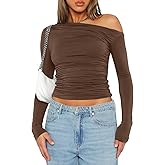 Darong Women's Casual Long Sleeve Boat Neck Off Shoulder Slim Fit Crop Top Going Out Blouses Y2K Tight Shirts