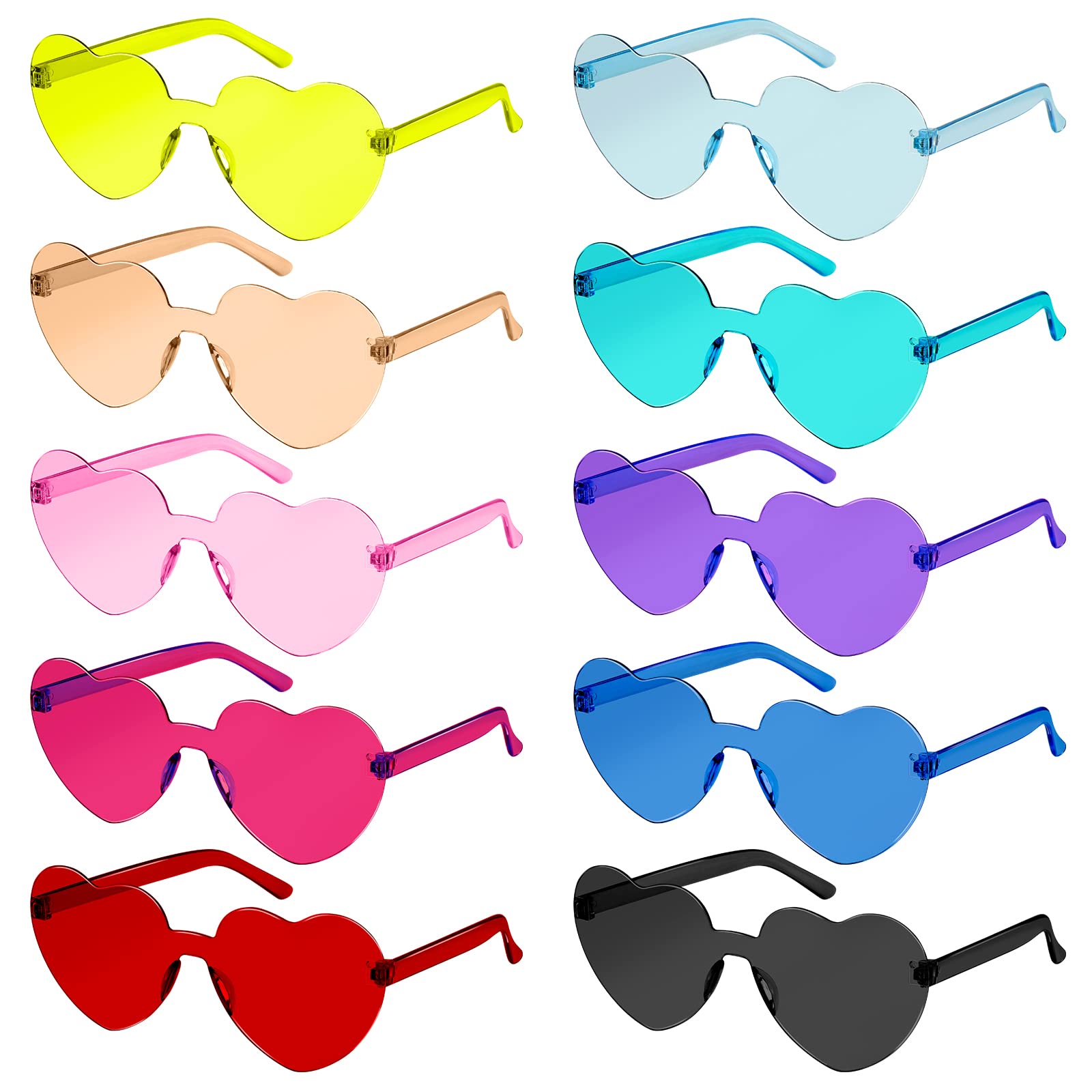 SelfTek Heart Glasses, 10 Pcs Rimless Love Heart Shaped Sunglasses Colored Party Glasses Multipack Colorful Fashion Funky Eyewear for Women Men