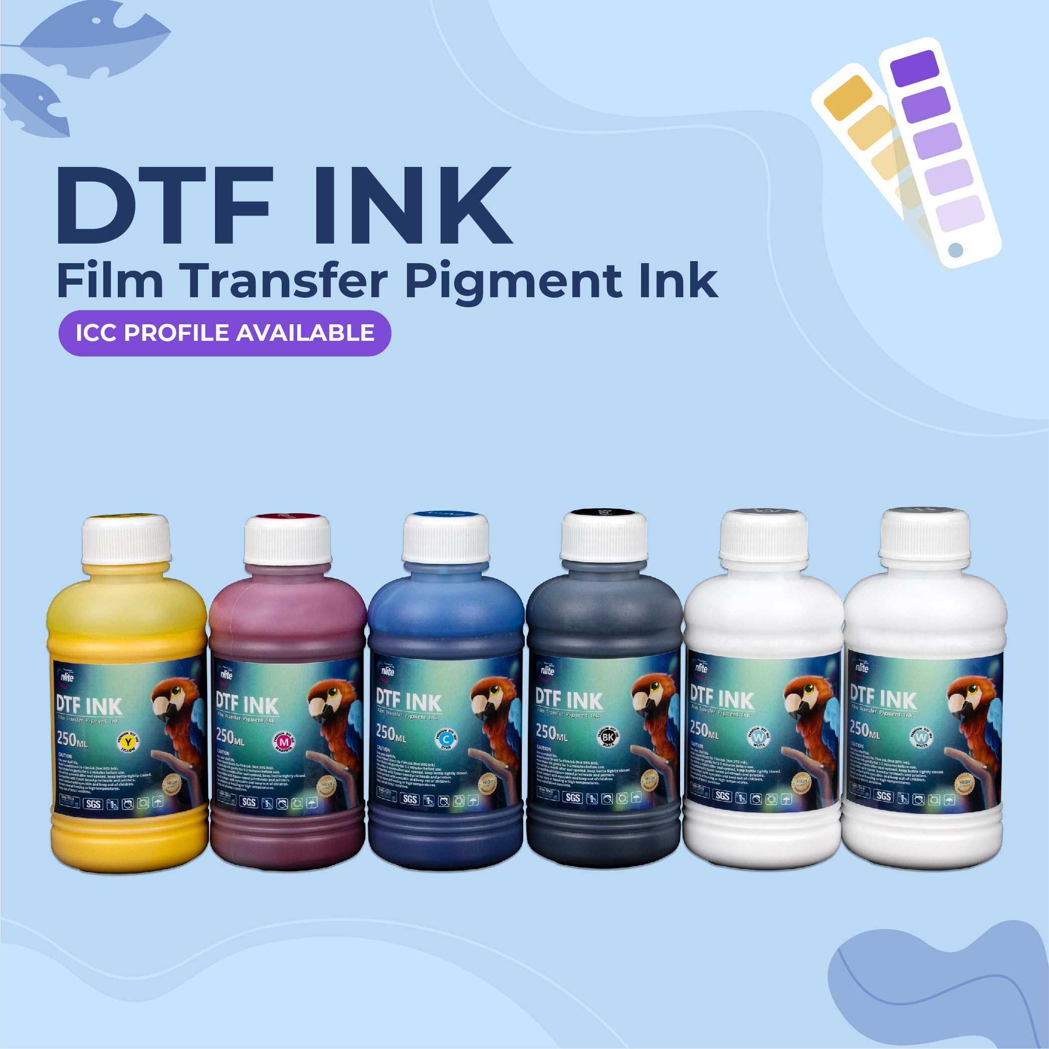 Enlite DTF Ink 250ML Combo Pack, Premium Pigment Ink for PET Film Heat Transfer Printing, Refill for DTF Printer with printhead DX5 DX7 5113 XP600 I3200 4720 TX800, 2W+1B+1C+1M+1Y