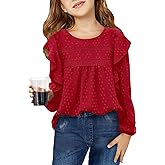 Haloumoning Girls Long Sleeve Shirts Cute Tops Crewneck Ruffle Swiss Dot Blouses for Kids 4-14 Years