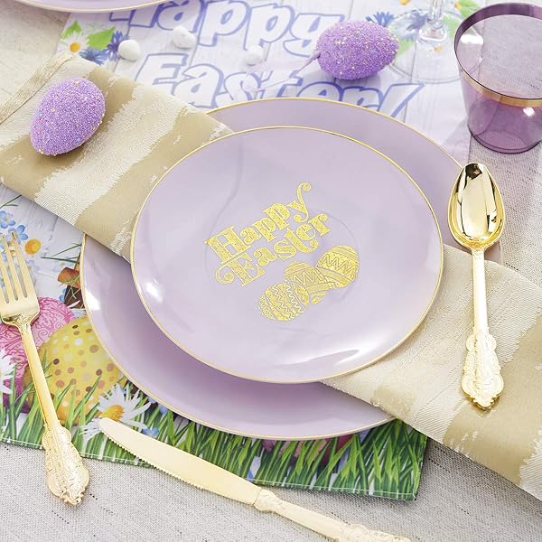 NERVURE 150PCS EASTER PLASTIC PLATES – PURPLE AND GOLD PLATES WITH EASTER EGG – PURPLE DISPOSABLE PLATES INCLUDES 50 PLASTIC PLATES, 25 KNIVES, 25 FORKS, 25 SPOONS, 25 CUPS FOR PARTY