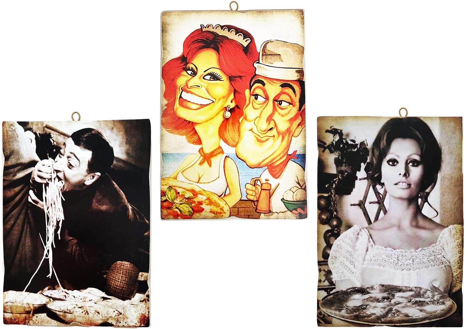 KUSTOM ART Composition of 3 Paintings Vintage Style Famous Actors Sofia Loren and Totò. Print on Wood 18x25 cm for Restaurant Pizzeria Bar Hotel.
