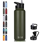 HASLE OUTFITTERS 40oz Stainless Steel Water Bottle, Vacuum Insulated Double Walled Leak Proof Sports Water Bottle with 2 Lids (Straw and Spout Lid) Thermo Mug Keep Cold and Hot(Army Green,1)