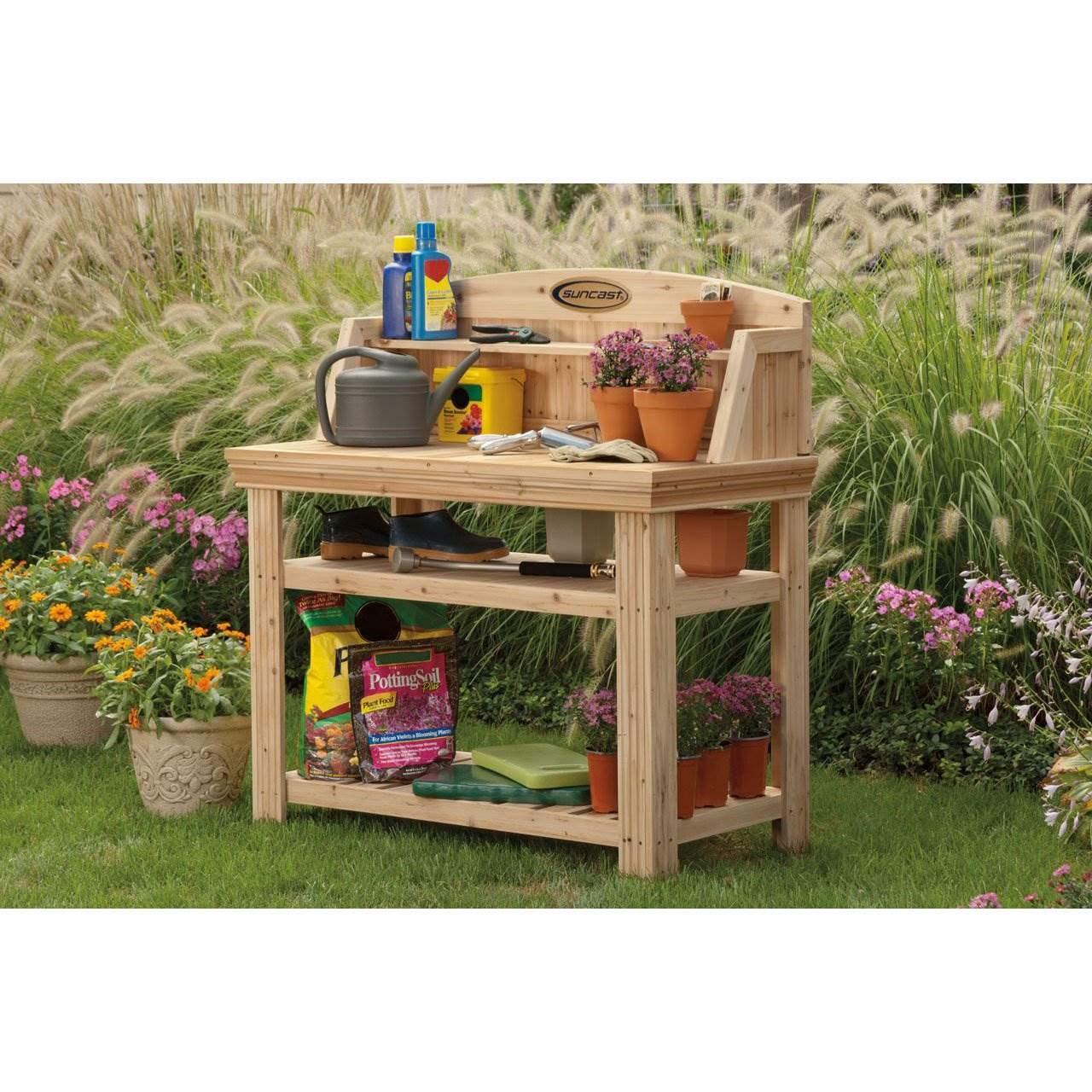 Suncast Cedar Freestanding Bench Ideal for Garages, Sheds, Basements - Organize Garden Equipment Supplies, Pots, Watering Cans - Hardware Included