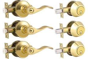 home improvement direct 3 Pack Keyed Alike Entry Door Lock Set, Single Cylinder Deadbolt with Wave Style Lever Door Handle, Polished Brass Reversible Leverset for Bedroom, Front & Exterior Doors