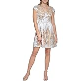 Vince Camuto Womens Jacquard Cap Sleeve V-Neck Fit and Flare