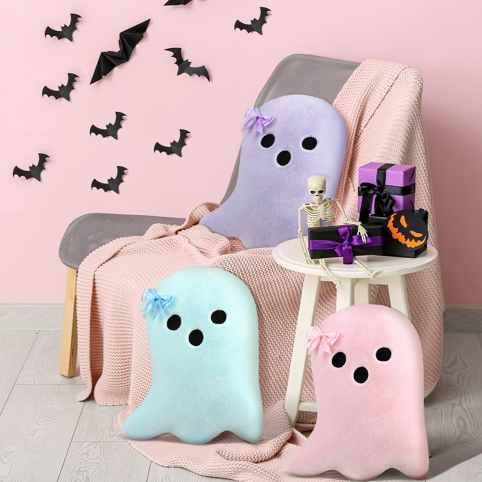 Photo 1 of Amyhill 3 Pcs Pastel Ghost Pillows with Bows Cute Halloween Throw Pillows for Couch Decorative Spooky Home Decor Colorful Pink Ghost Shaped Fluffy Plush Cushion for Indoor Outdoor Sofa Party Gifts