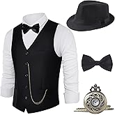 BABEYOND 1920s Mens Costume, Gatsby Gangster Costume Accessories Set For Men Vintage Vest Bowtie Pocket Watch Armbands