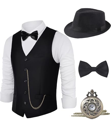 Set Accessoires Costard Années 20 Gatsby - Chapeau Melon, Noeud Papillon, Moustache Adhésive, Montre Gousset, Lunettes, Bretelles Pour Gangster Halloween