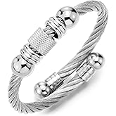 COOLSTEELANDBEYOND Steel Twisted Wire Bracelet Cuff Bangle for Men Women with Beads Charms, Polished Adjustable
