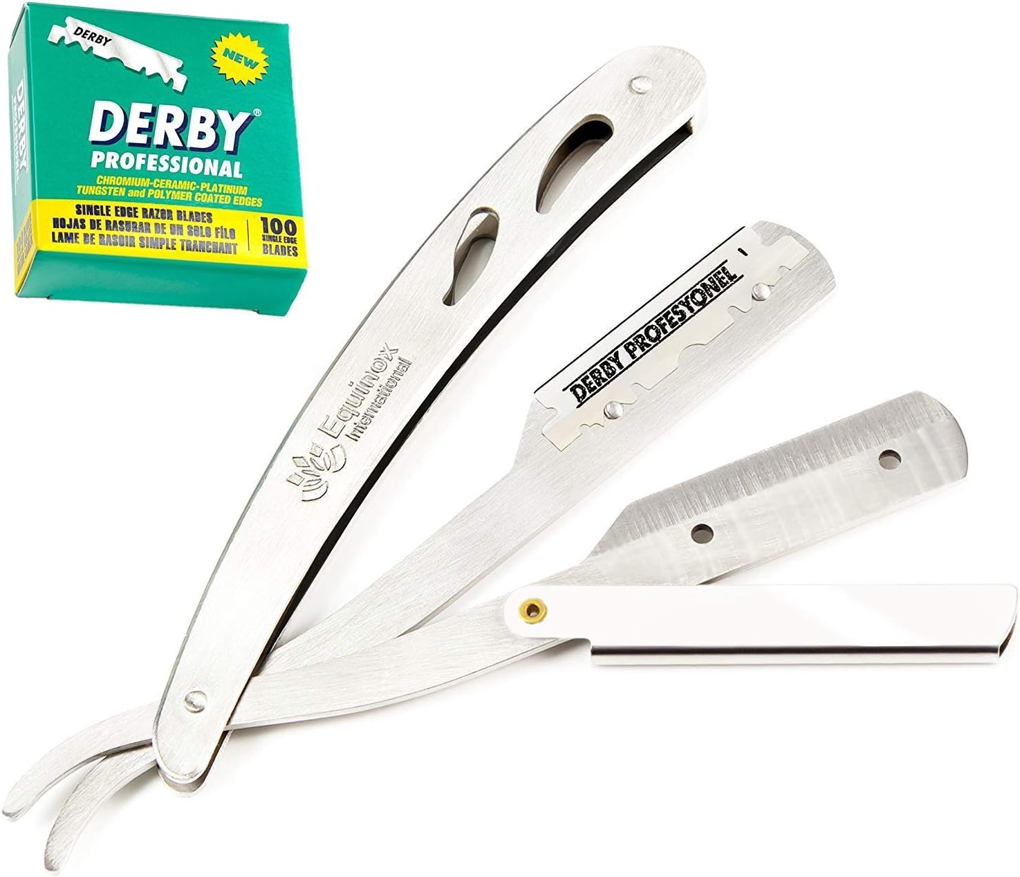 Equinox Professional Straight Edge Razor with 100 Single Edge Derby Blades - Close Shaving Men's Manual Shaver Safety