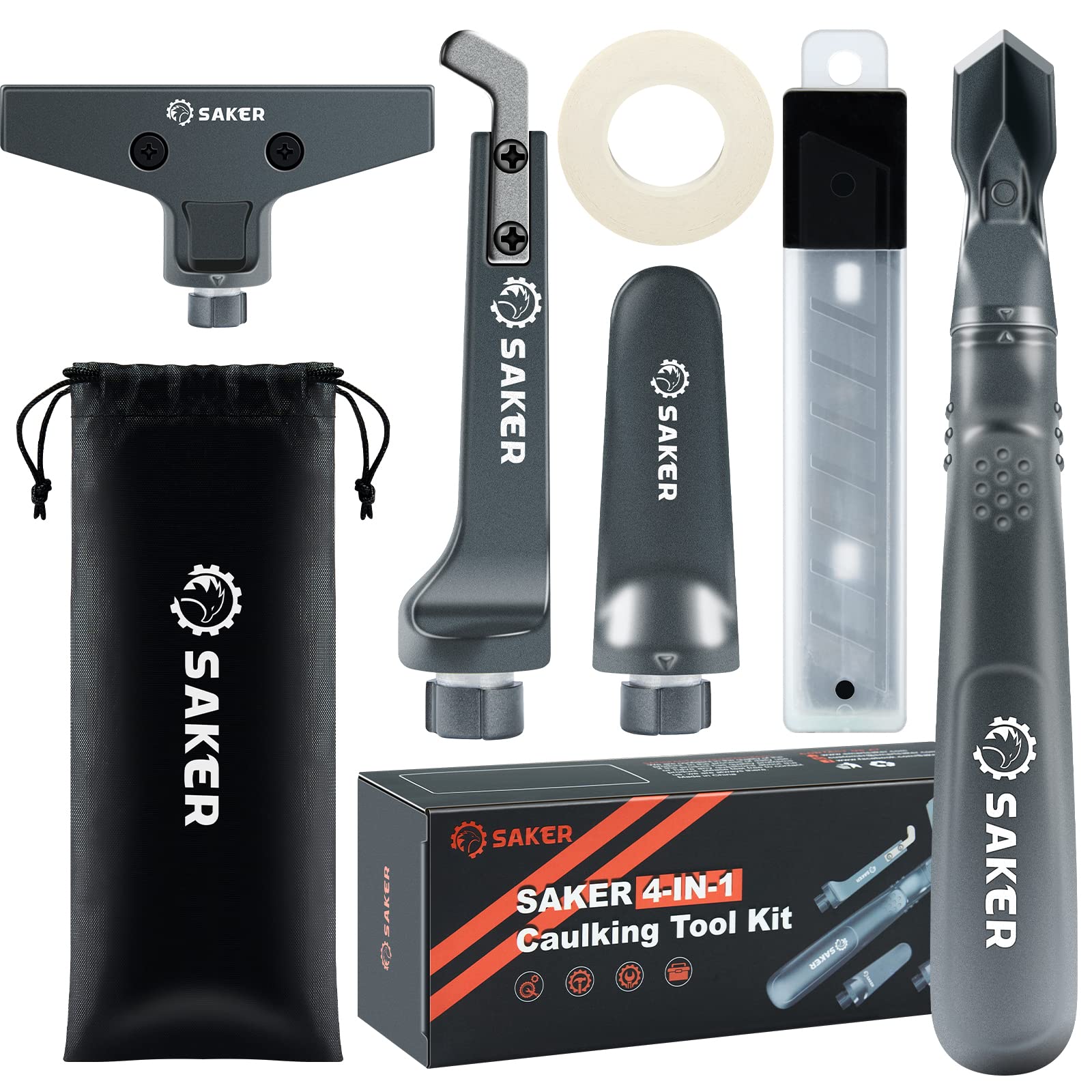 Photo 1 of Saker 4 in 1 Caulking Tool Kit-Aluminum Sealant Finishing Tool Grout Remove Scraper Caulk Remover Glass Glue Angle Scraper for Bathroom,Kitchen,Floor,Window,Sink Joint,Frames Seal