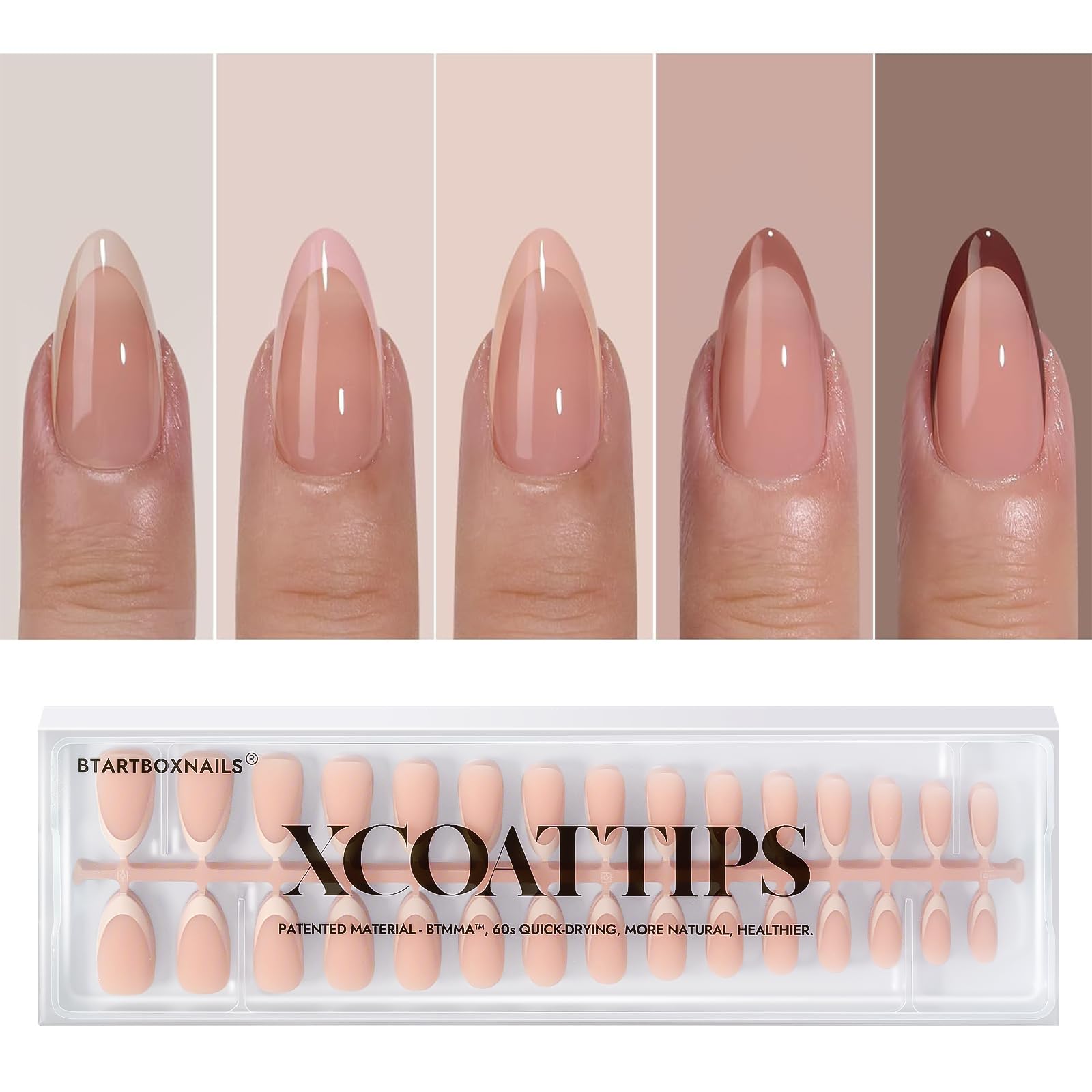 BTArtboxnails XCOATTIPS Press on Nails - French Tip Nails Medium Almond Shaped, Skin Tones Soft Gel Material Acrylic Fake Nails Gift for DIY at Home