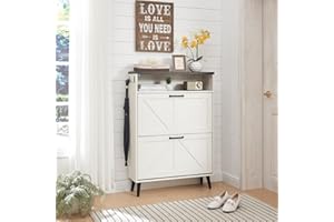 Barnyatoh Shoe Storage Cabinet,Farmhouse Shoe Organizer with 2 Flip Drawers & Barn Door Design,Freestanding Hidden Slim Narrow Shoe Rack Cabinet with Open Storage for Entryway, Foyer,Hallway,White