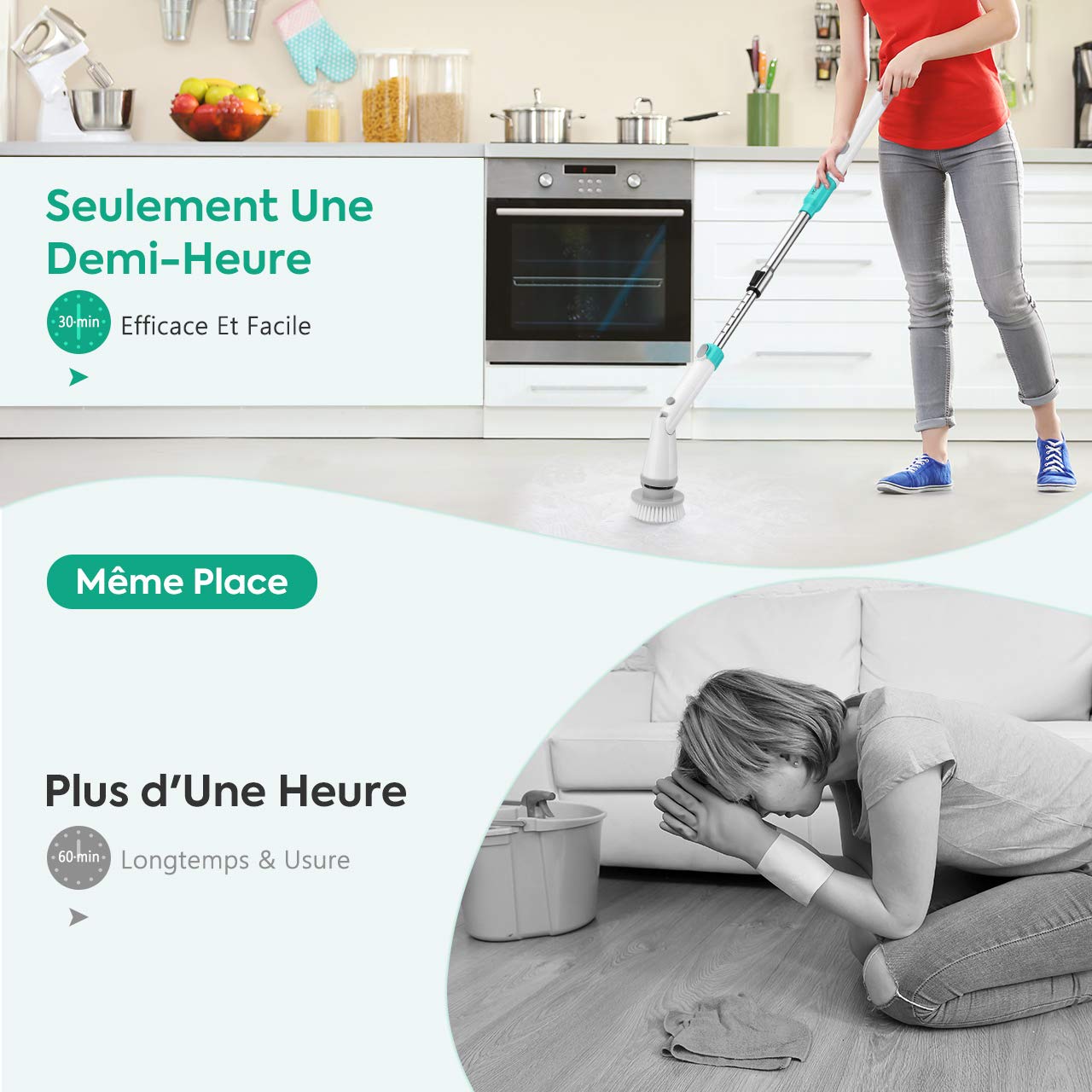 Homitt Brosse Rotative Nettoyage Electrique Sans Fil Rechargeable Joint Carrelage Sol Spin Scrubber Brosse Nettoyage Menage Avec 4 Brosses Et Manche Telescopique Pour Salle De Bain Produits Et Accessoires De Nettoyage Cuisine