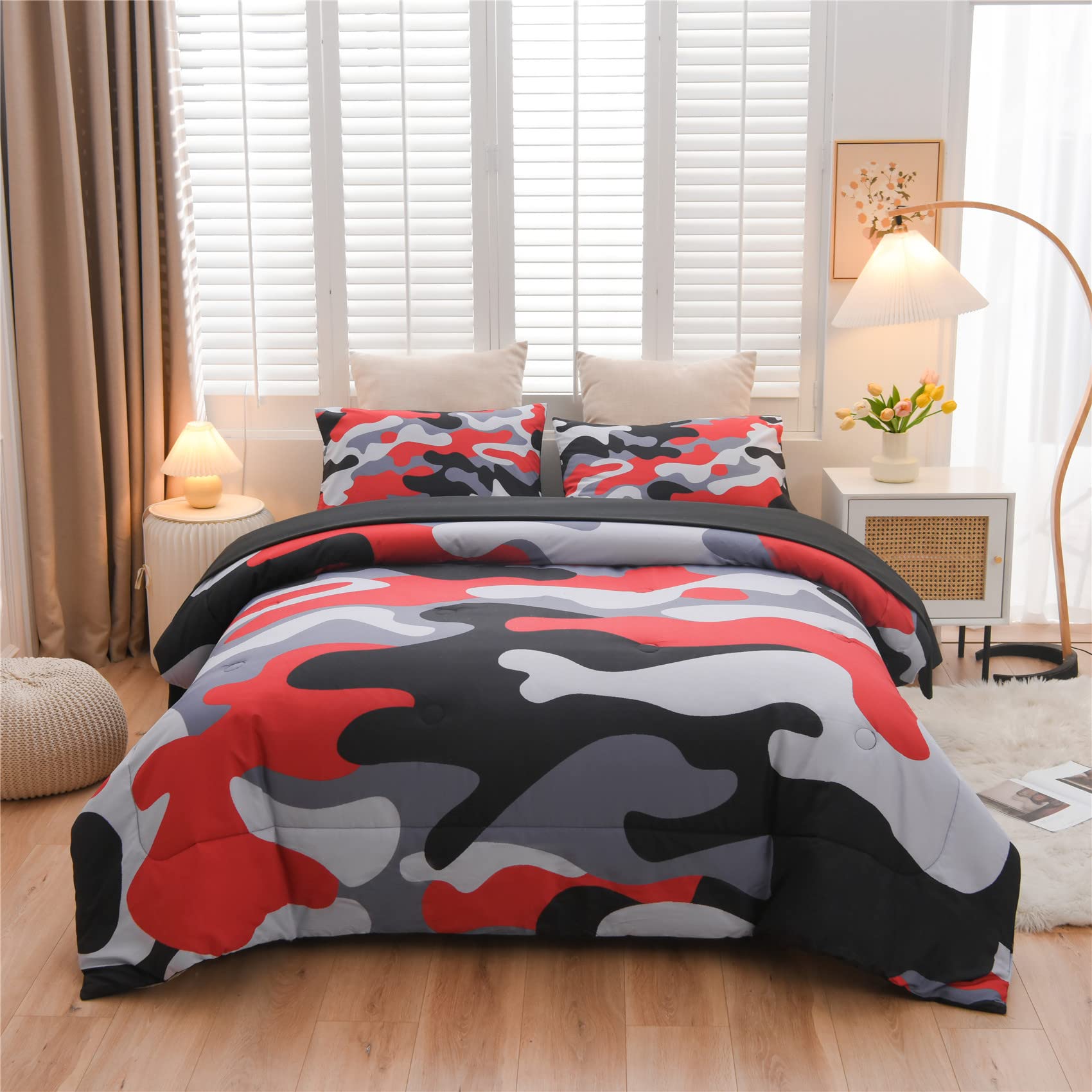 Photo 1 of Meeting Story Camouflage Bedding Set, Colorful Pattern Style Comforter Set, 5 PCS One Comforter Two Pillowcases Two Sheets in One Bag, All Season Bedspread for Kids Teens Adults (Black, Twin 5Pcs)
