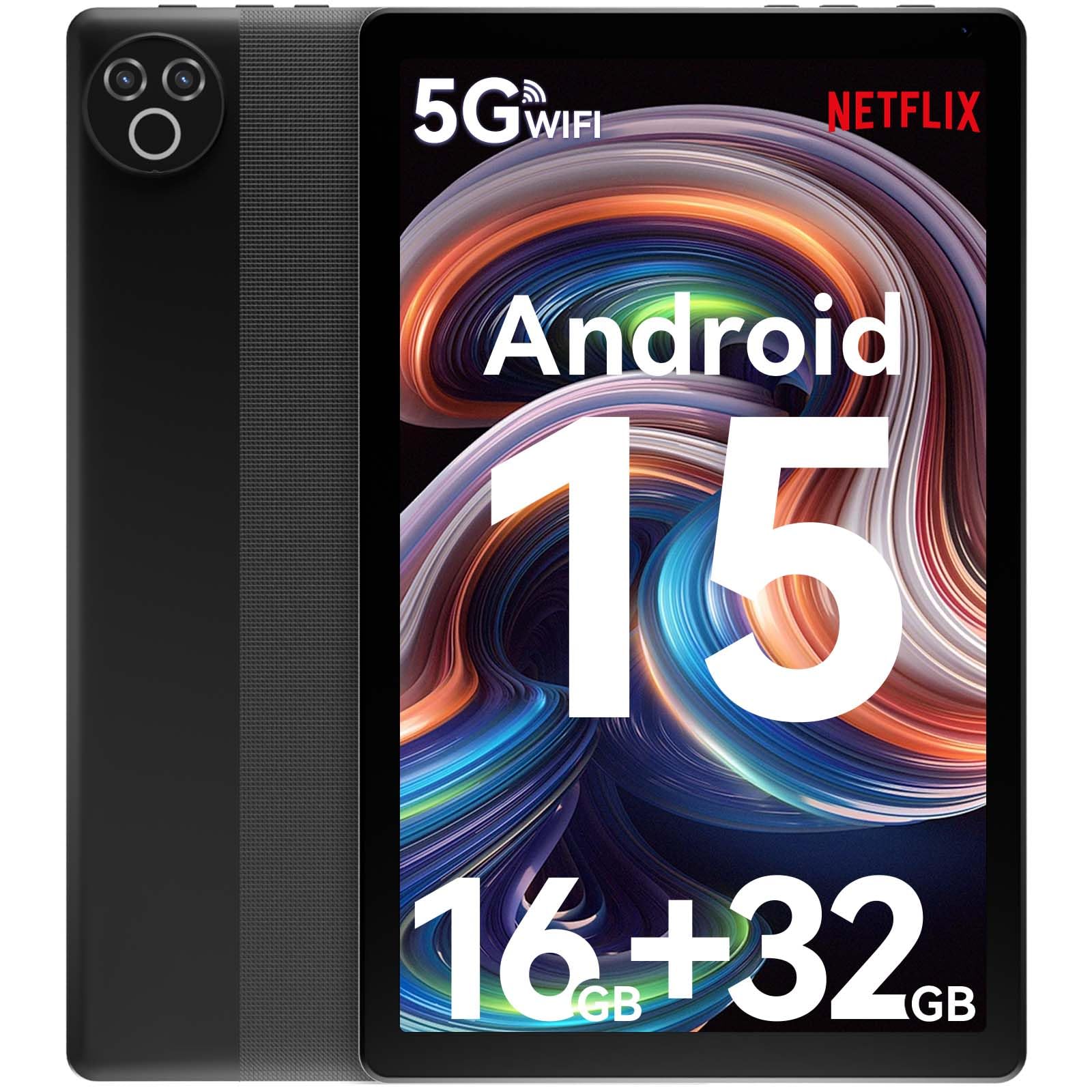 Tablet 10 Inch Android 15 OS GMS Certified Tablets PC 1.8 GHz 5-Core 16 (3+13) GB RAM 32 GB ROM 1 TB Expandable 1280x800 HD IPS Touch Screen 5000 mAh WiFi 6 Bluetooth 5.4 Dual Camera 2025 (Black)