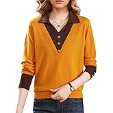LAI MENG FIVE CATS Women's Casual V-Neck Knit 2 in 1 Pullover Shirt Long Sleeve Blouse Top