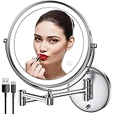 Rocollos Rechargeable Wall Mounted Lighted Makeup Mirror, 8 Inch Double-Sided LED Vanity Mirror 1X/7X Magnification,3 Color Lights Touch Screen Dimmable 360°Swivel 13 Inch Extendable