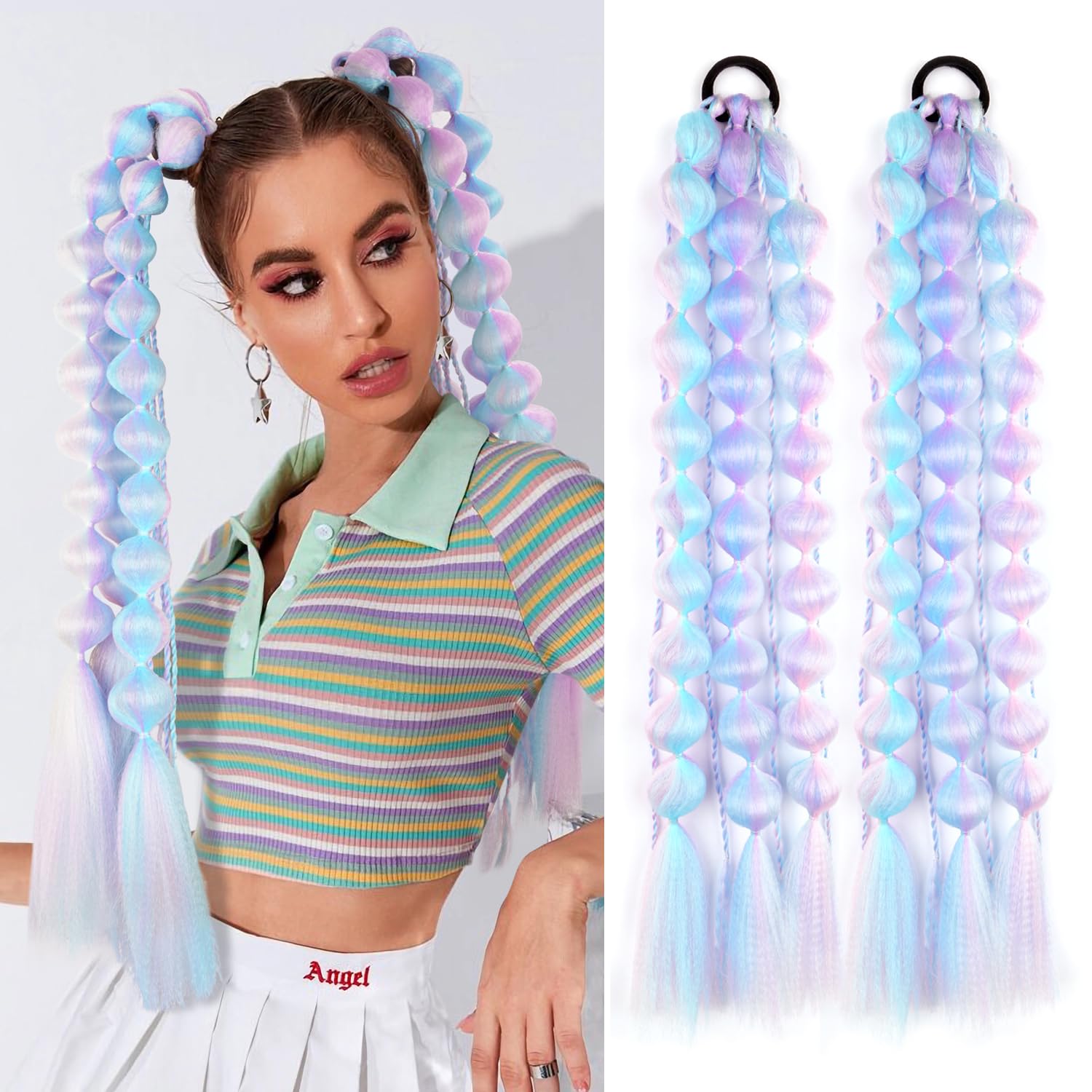 Photo 1 of LyoRuSi 2 Pcs 22 Inch Lightweight Bubble Ponytail Extensions, Fiber Mix Four Silky Colorful Braids with Hair Tie, Crazy Hair Day, Festival Rave Accessories for Girls (Pink/Blue/Purple/Light Cyan#)