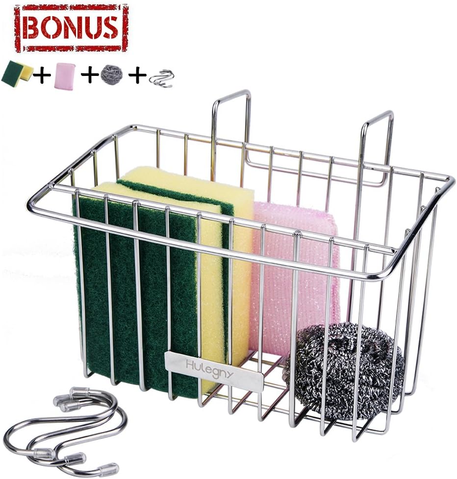 Sponge Holder - Hulegny Sink Organizer Kitchen Caddy Sink Caddie Stainless Steel Holder Dishwashing Liquid Drainer Rack for Sink Countertop Storage with Sponge and Hooks (A(Hook Deisgn))