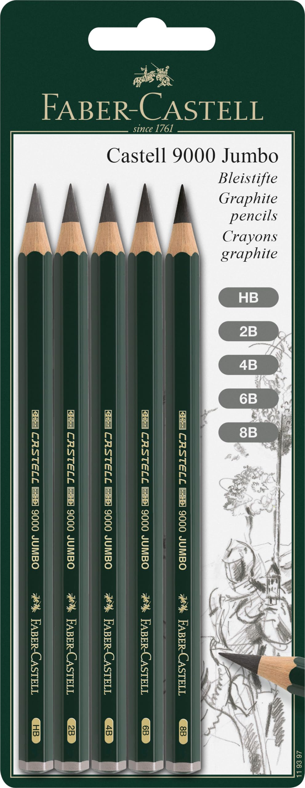 Faber-Castell 5 Piece Quality Castell 9000 Jumbo Graphite Pencils Blister Card Set, Including HB, 2B, 4B, 6B and 8B — image 1