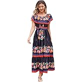 Mexican Dress for Women Off Shoulder Floral Print Long Maxi Dress Summer Cinco de Mayo Party Dresses with Belt