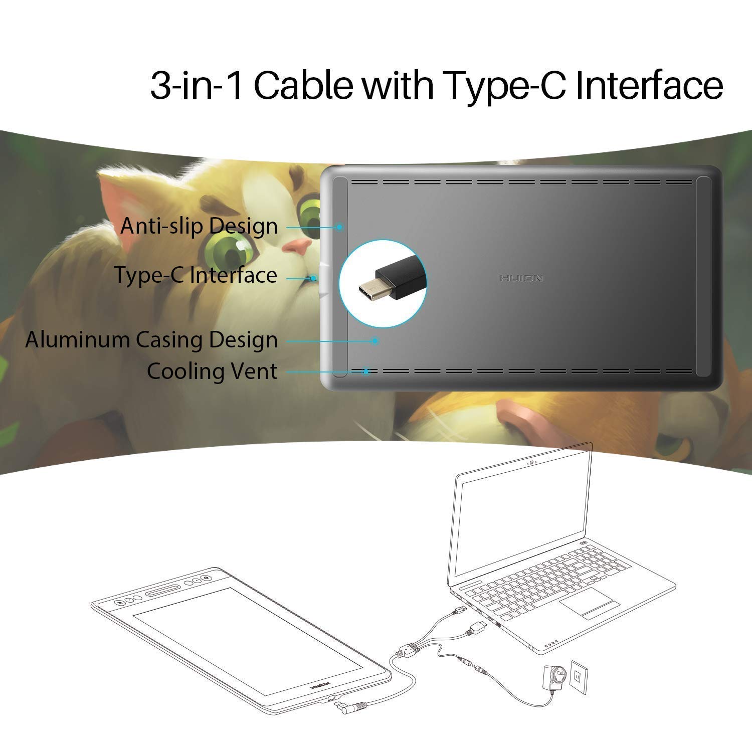 HUION Kamvas Pro 13 Grafiktablett – 13,3 Zoll Display, Full HD, Mit USB-C Anschluss, Aktive Fläche 294x165 Mm