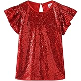 Noomelfish Girls Short Sleeve Sequin Shirts Party Glitter Sparkly Tops Blouse (5-12 Years)