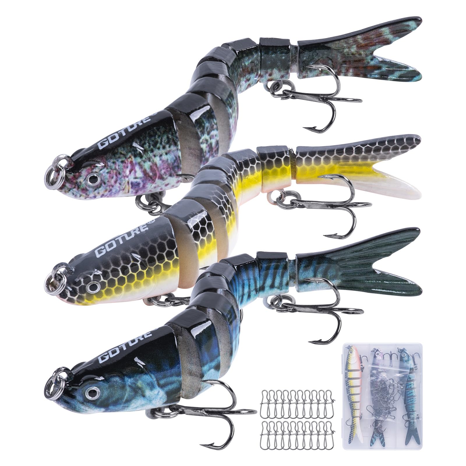 Goture 3 Pcs Bass Fishing Lures with 20 Pcs Snaps, Slow Sinking Segment Swimming Bait, Lifelike Jointed Swimbait for Bass Trout Walleye Crappie Pike Freshwater Saltwater, 3.9 Inches 0.39 Oz