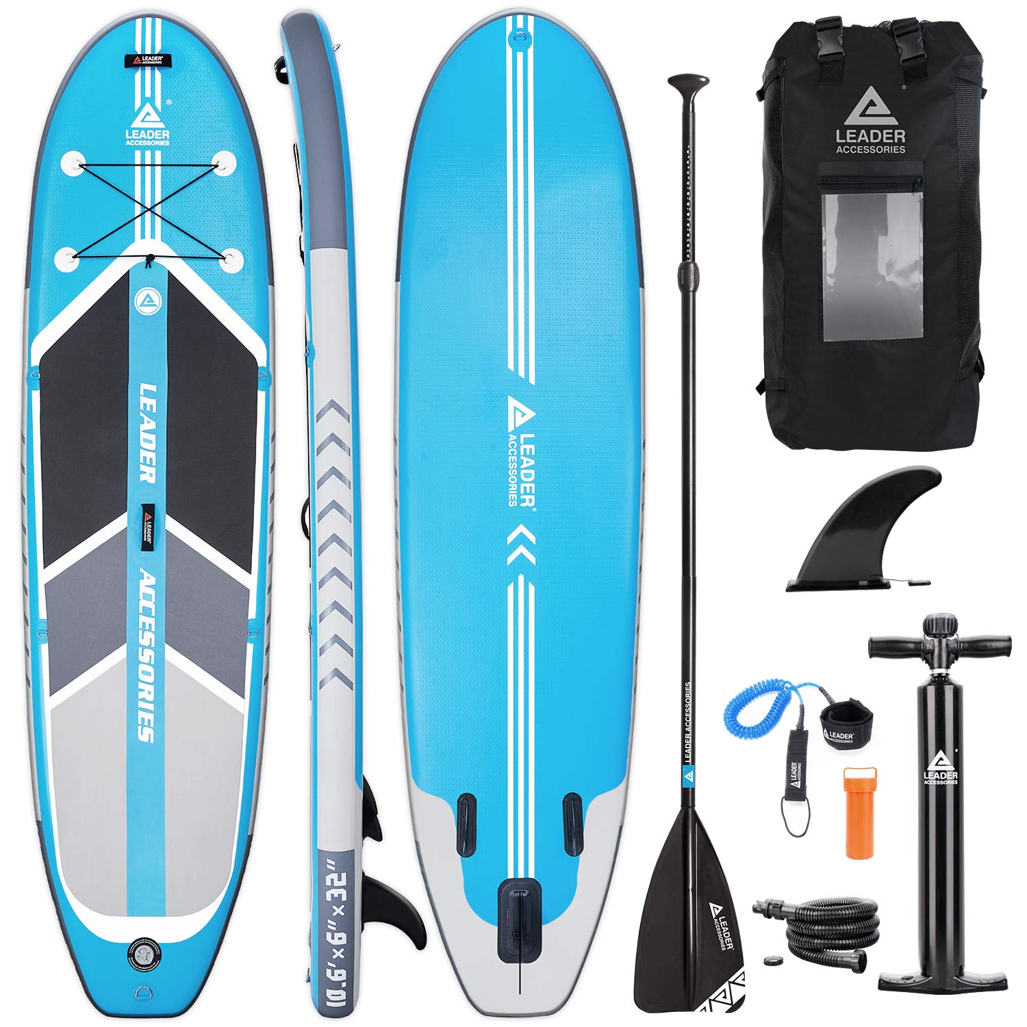 Leader Accessories 10'6" and 11'2" Inflatable Stand Up Board with Fins (6" Thick) Includes Adjustable Paddle,Kayak Leash,ISUP Backpack,Pump with Gauge
