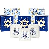JarThenaAMCS 8Pcs Hanukkah Paper Gift Bag Blue Menorah Star Treat Bags with Handles Candy Goodie Bags for Chanukah Birthday Baby Shower Party Favors Supplies