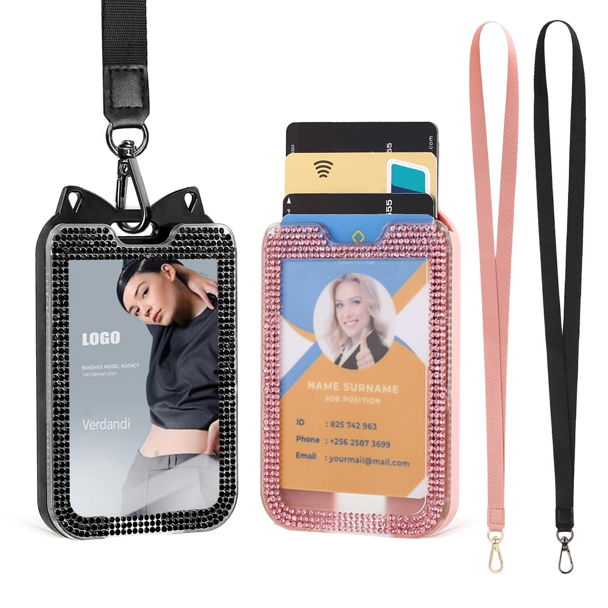 Photo 1 of 2 Pack Lanyards for id Badges Bling ID Badge Holder with Lanyard for Office, School, Cruise Cards,Travel (Pink and Black)