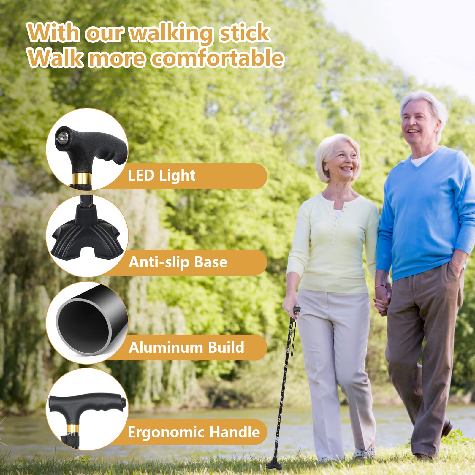 JUNRA Walking Cane with LED Light - Folding, Portable, Collapsible Aluminium Cane for Women and Men - Lightweight and Adjustable Walking Stick for Seniors Balance
