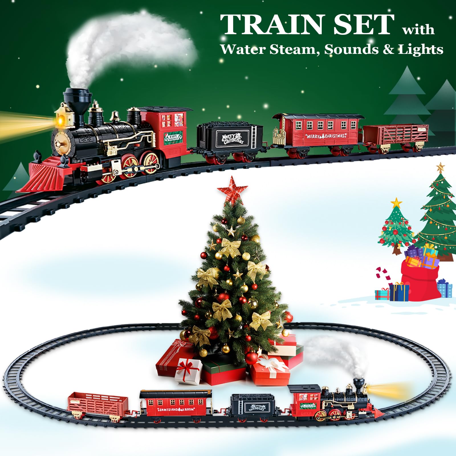 OleFun Train Set, Electric Train with Water Steam, Sounds & Lights, Model Christmas Train Set for Under The Tree, Railway Kit Gifts for 3, 4, 5, 6, 7, 8+ Year Old Boys & Girls
