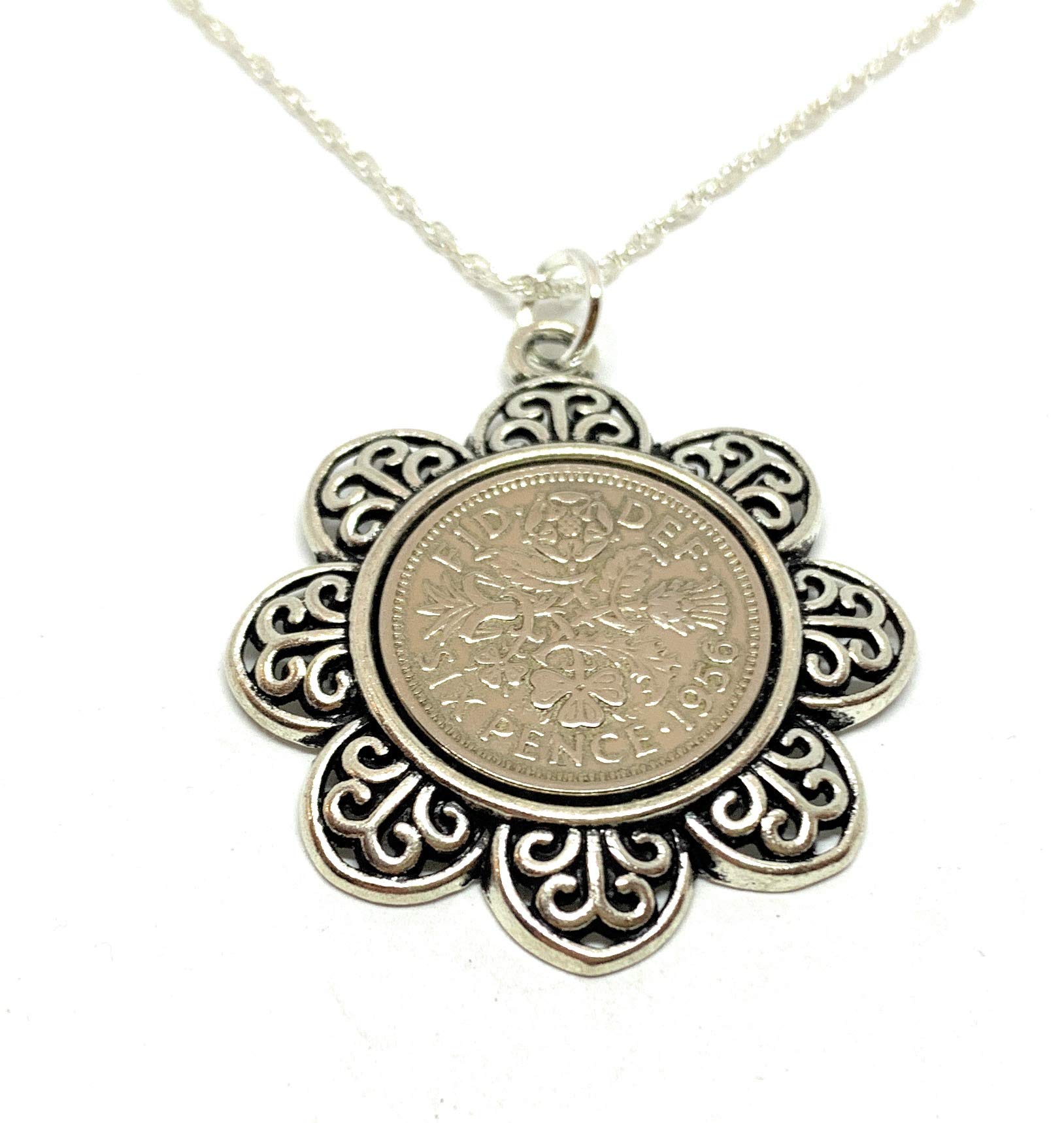 floral Pendant 1956 Lucky sixpence 70th Birthday plus a Sterling Silver 18in Chain