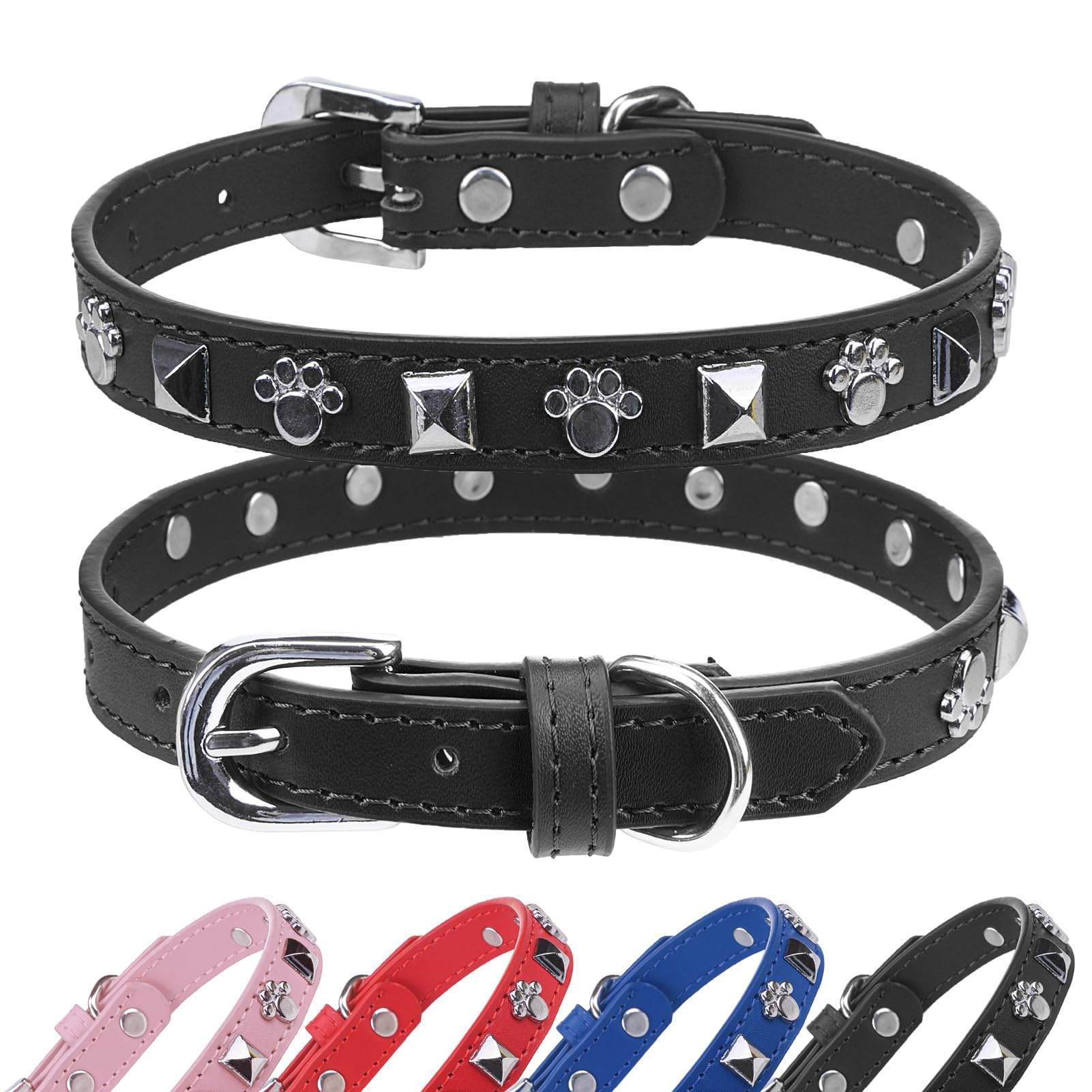 Photo 1 of SCENEREAL Leather Dog Collars for Small Medium Dogs with Rivet, Adjustable Studded Cute Dog Collar for Pet Boy Girl Kitten Cats, Bling Spiked Puppy Collars, Black S