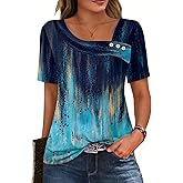 Soesdemo Short Sleeve Shirts for Women Asymmetrical Square Neck with Button Tops Casual Flowy Lightweight Summer Blouses