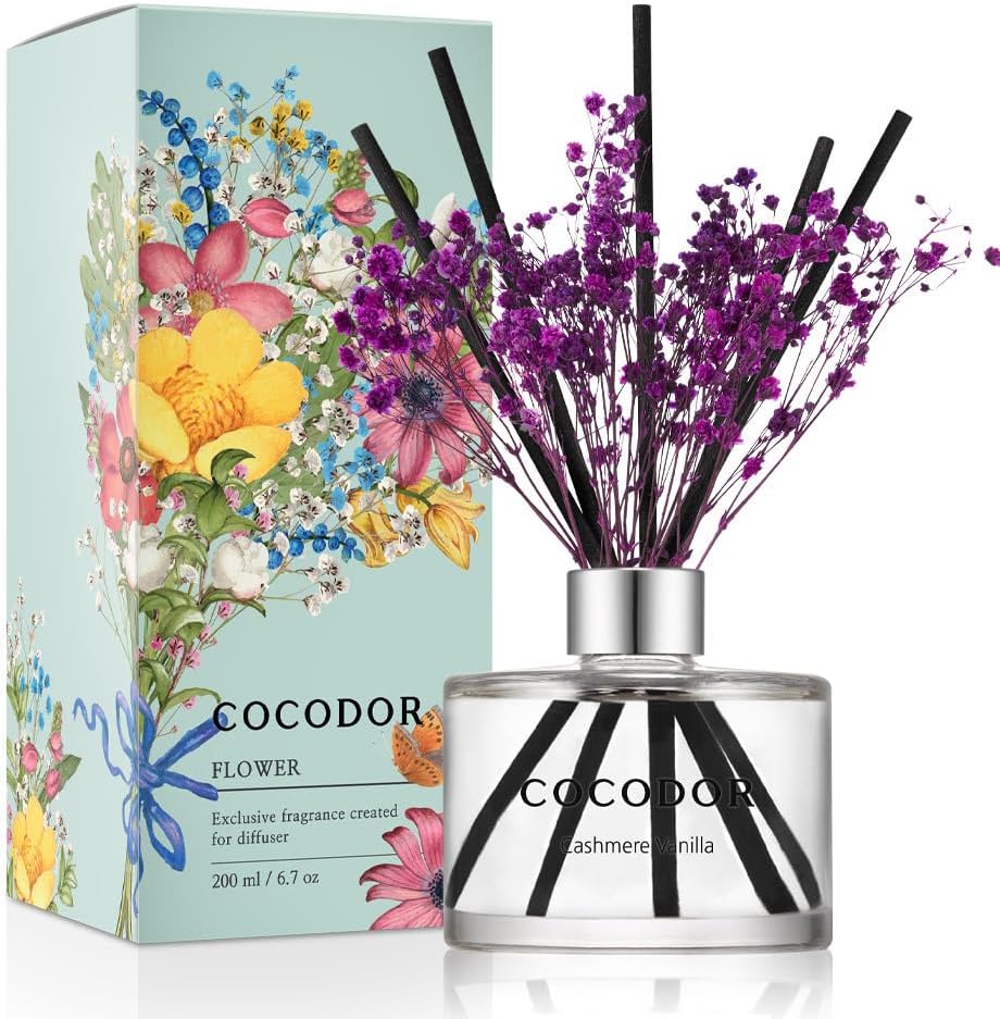 COCODOR Flower Reed Diffuser Set 6.7oz Cashmere Vanilla Sticks Home Fragrance