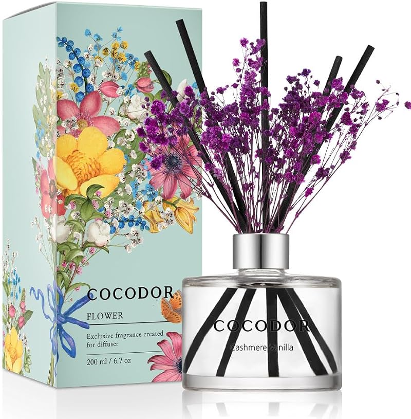 COCODOR Flower Reed Diffuser Set 6.7oz Cashmere Vanilla Sticks Home Fragrance
