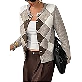 SOLY HUX Women's Argyle Plaid Cardigan Sweater Button Down Long Sleeve Crew Neck Trendy Sweaters Fall Clothes