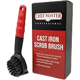 Chef Master Heavy-Duty Cast Iron Scrub Brush &amp; Scraper All-in-One Tool | Strong Nylon Bristle Dish Scrubber for Pans, Skillets and Woks, Removes Grime, Grease and Baked-On Buildup, 90058