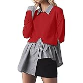 Ardrem Women Asymmetrical Patchwork Sweaters Lapel Collar 2 in 1 Sweater Slit Asymmetrical Hem Button Down Shirts Top