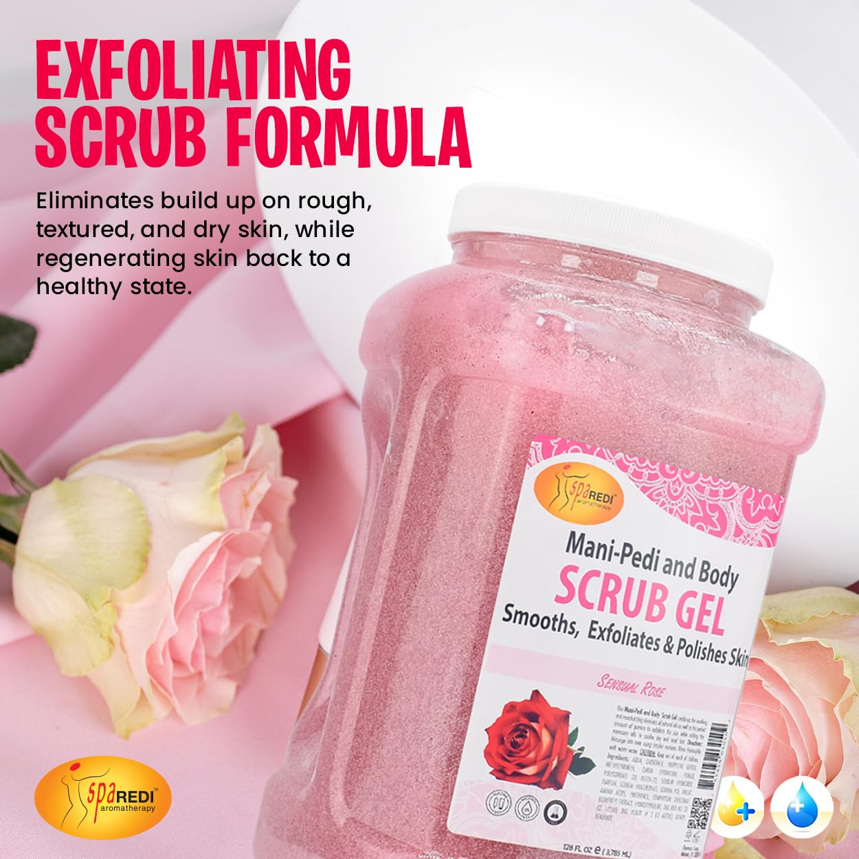 SPA REDI – Sensual Rose Pumice Scrub Gel, Exfoliating, Hydrating & Nourishing, Infused with Hyaluronic Acid, Amino Acids, Panthenol and Comfrey Extract for Glowy Smooth Skin – 128oz Gallon