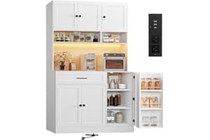FJTJBSI 72" Kitchen Pantry Cabinet with Charging Station and LED Light Tall Pantry Storage Cabinet with Adjustable Shelves Freestanding Kitchen Hutch with Countertop for Dining Room White